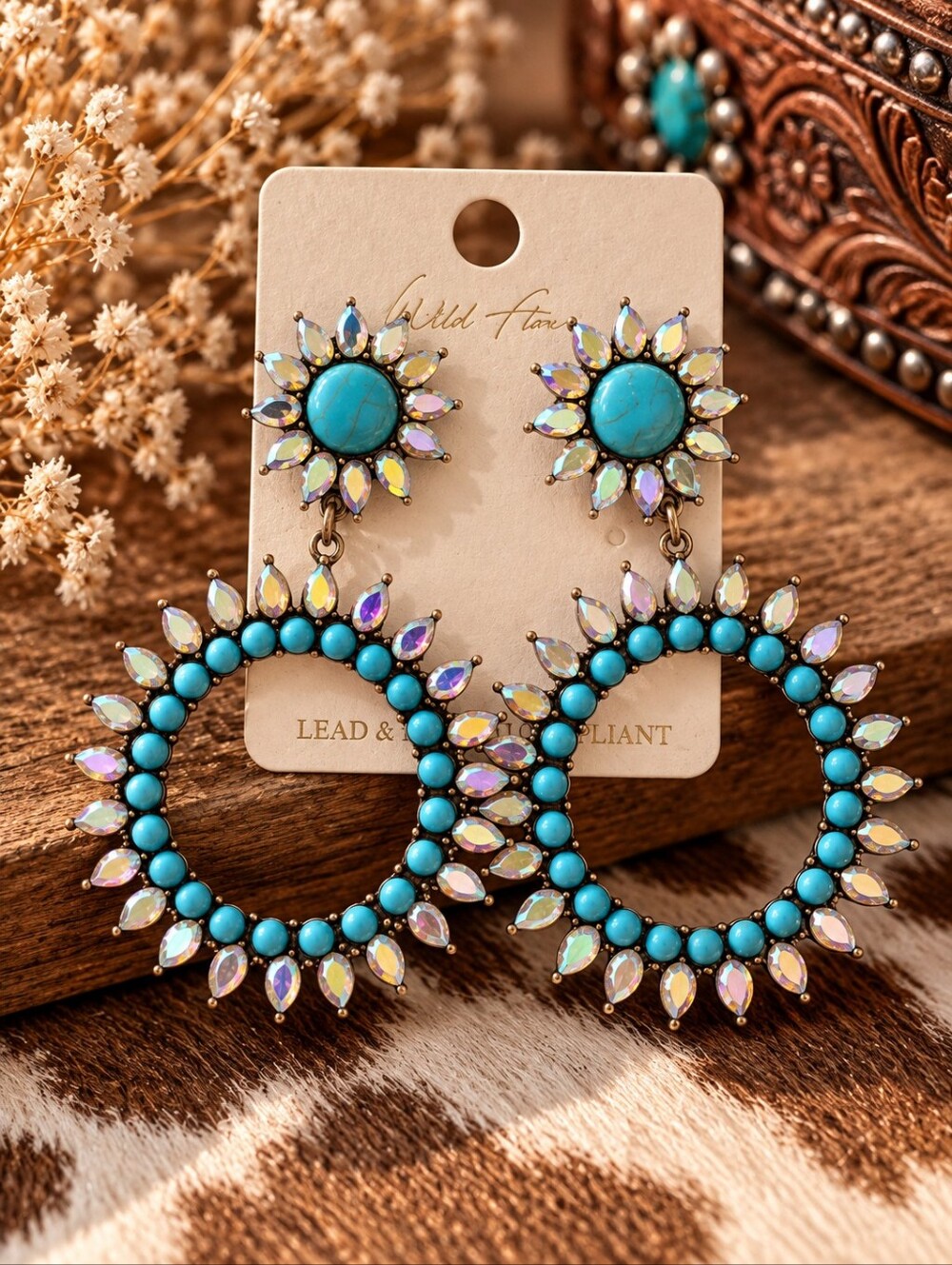 Wildflowers Turquoise Acccent And Iridescent Rhinestone Gold Sunburst Earrings
